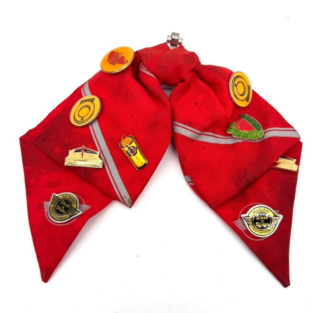 Vintage Steak n Shake Employee Red Bow Tie with 9 Enamel Lapel Pins Lot